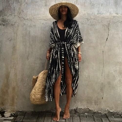 2021 Pareo Bikini Cover-Ups Black Retro Striped Self Belted Women Summer Kimono Dress Beach Wear Swim Suit Beach Cover Up AA5727