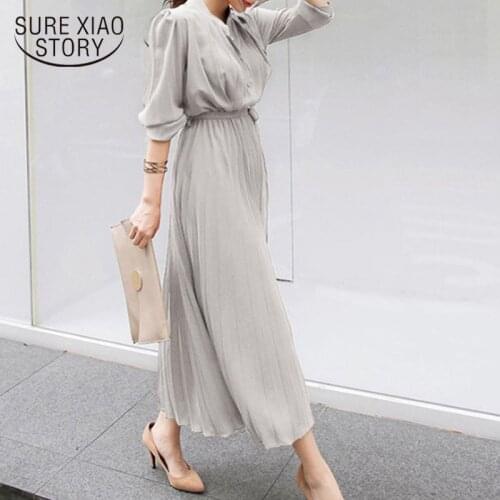 2021 Autumn Single Breasted Chiffon Dress Women Pleated Dresses Full Sleeve Slim Waist A-line Vestidos Casual Long Dress 12377