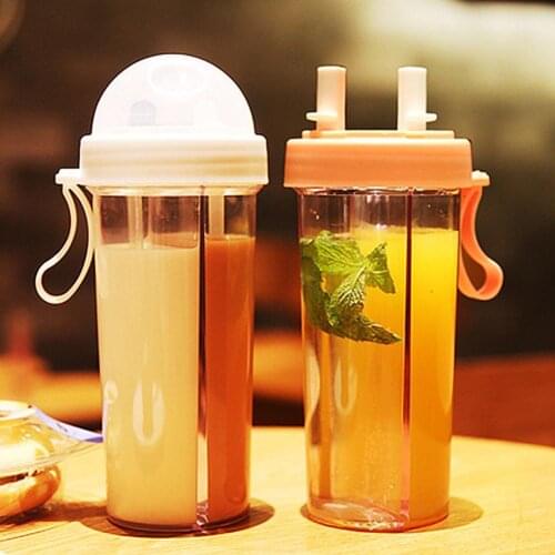 420/600ml Plastic Water Bottle Portable Dual Straw Separate Kettle Creative Beverage/Tea/Milk Drinkware for Camping Couples Gift