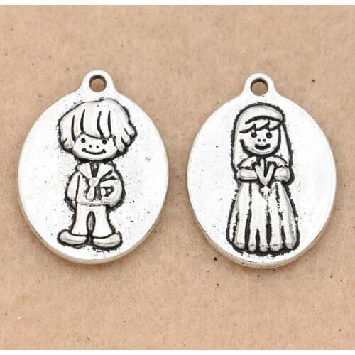 5PCS Antique Silver Plated Boy Girl Charms Pendants for Jewelry Making Bracelet Accessories Diy Findings 24x18mm
