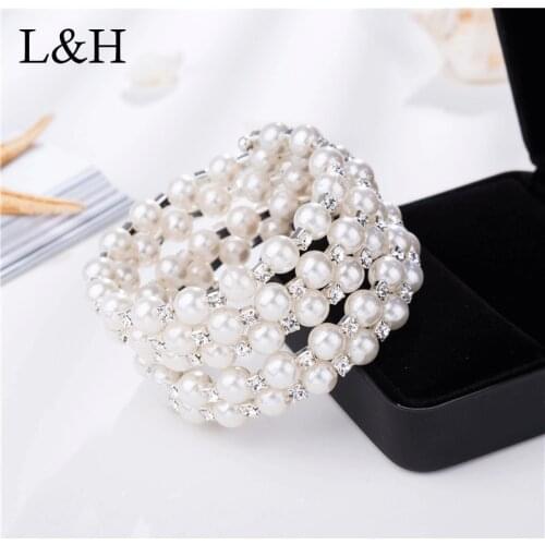 Elegant Crystal Imitation Pearl Multi-layer Bracelets For Women Wide Braided Wedding Bridal Jewelry Pulseras Mujer