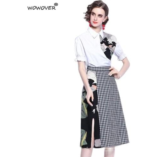 Elegant Ladies White Two Piece Outfits Summer Office Suits Fashion Designer Print Blouse with Plaid Skirt Set for Women