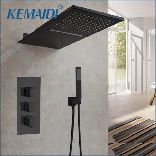 KEMAIDI Matte Black Rain Waterfall Shower Set Thermostatic Mixer Bath Shower Mixer Tap 3 ways Shower Faucet Wall Mounted