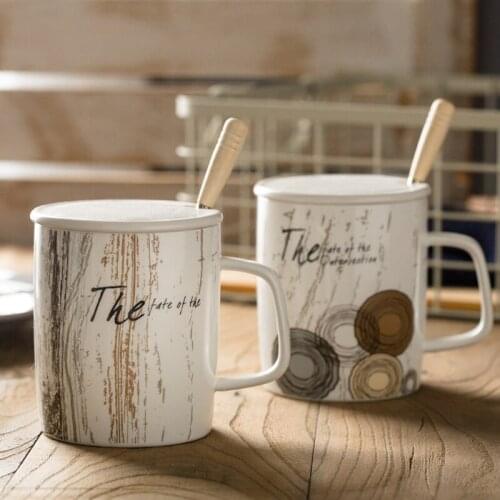 Nordic Cup Ceramic Simple Creative Retro Home Coffee Cup Large Capacity Cup Couple Cup with Cover Spoon