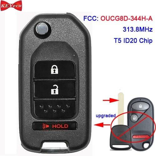 KEYECU for Honda Civic 2003 2004 2005 Upgraded Remote Key Fob OUCG8D-344H-A T5 ID20 Chip 313.8MHz HON66 Blade 4 Button