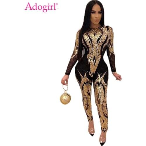 Adogirl Gorgeous Floral Sequins Sheer Mesh Jumpsuit O Neck Long Sleeve Skinny Romper Women Fashion Night Club Party Overalls