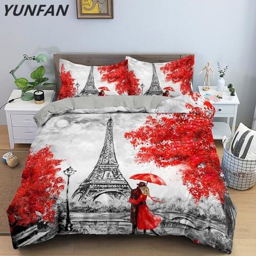 Duvet Cover Set Queen Size Decorative Microfiber Polyester Bedding Set Paris Tower Print Grey Famous City Scene Comforter Cover