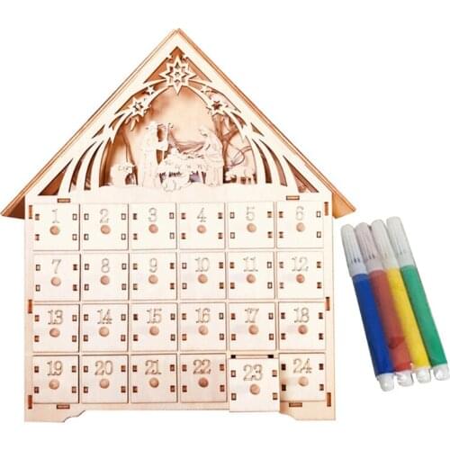 Basswood Advent DIY Calendar with 4 Watercolor Pen 24 Pull-out Drawers LED Light Christmas Decoration Ornaments Gift
