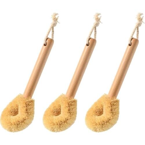 Natural Cast Iron and Bowl Brush, Wooden Kitchen Scrubber for Cleaning Pots/Pans, 9.4 Inches, Set of Three