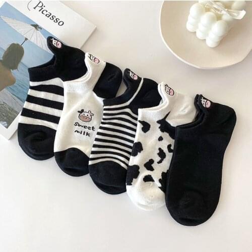 Cartoon Embroidery Socks Women Spring Summer Striped Short Socks for Girls Fashion Cow Print Female Socks Sokken