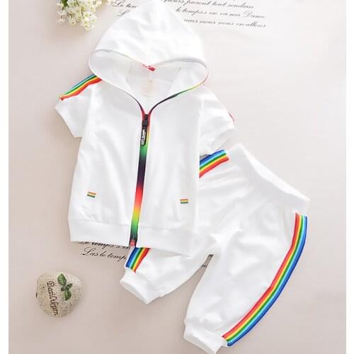 2021 new boys and girls sports suit summer short-sleeved baby hooded zipper shirt black and white two-piece suit childrens clot