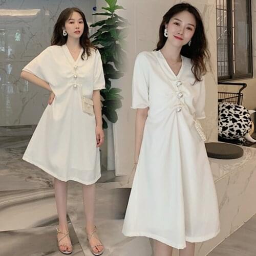 6067# Maternity Dress Summer Cotton French v-neck Short Sleeve Loose Stylish Dress for Pregnant Women Mom Dress