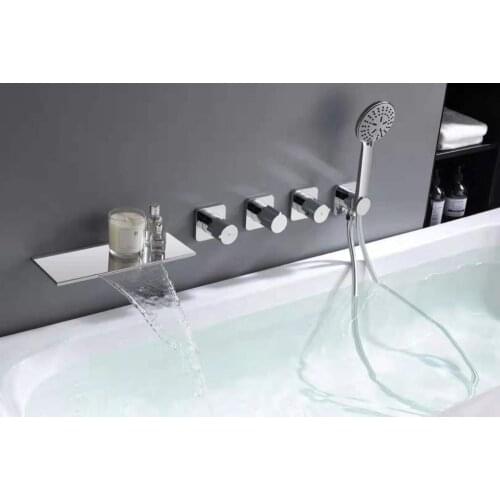 Luxury wall mounted Chrome all brass bathroom Bathtub shower faucet set Multi-function waterfall shower faucet with Embedded box