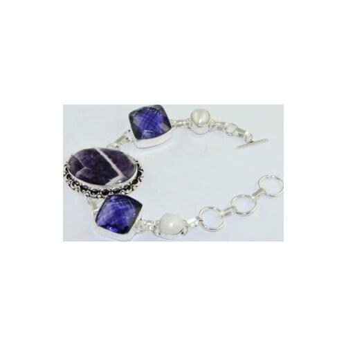 Amethysts Lace Agates & Amethysts & Pearls Silver Overlay on Copper Bracelet , 20.3 cm, B1735