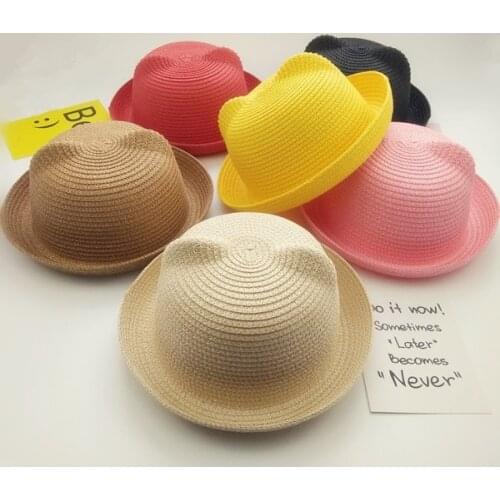 Cute Cat Ear Breathable Curved Brim Childrens Summer Hat Sun Protection Caps Girl Cap Sun Hat Beach Hat Trave Paper Straw Hat