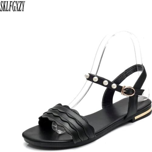 SKLFGXZY 2019 summer fashion leather ladies sandals 100% genuine cowhide ankle beads women shoes high quality sandals sizes32-46