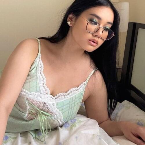 Women V Neck Y2K Camisole Off Shoulder Sexy Crop Cami Top Sleeveless Lace Patchwork Criss Cross Lace-up Casual Tank Tops