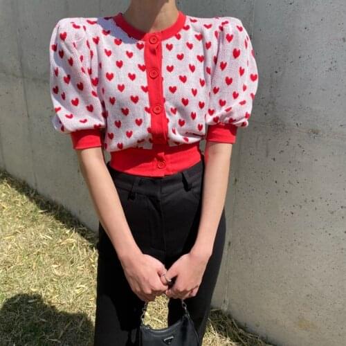 Love Knitted Cardigan T-shirt Women Fashion Sweet Single-breasted Short-sleeved Crop Tops Camisas De Mujer Elegantes