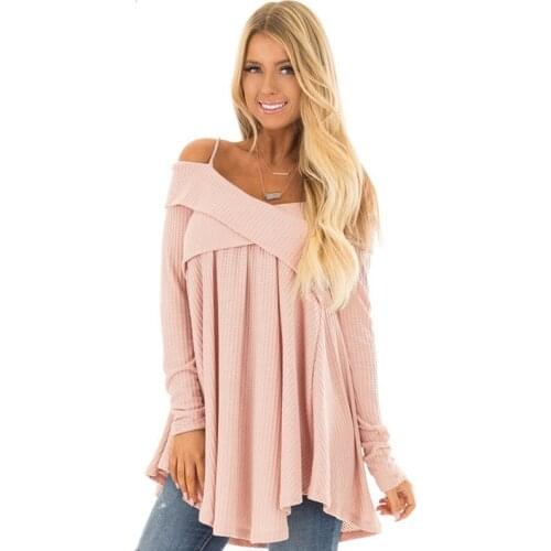 2019 Autumn Sweater For Women Knit Sweater New Fashion Straps Long Sleeve Slash Neck Sweater Solid Color Draped Pullovers