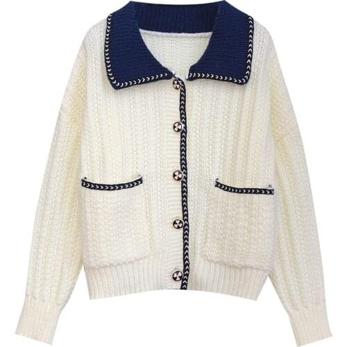 Autumn Winter Womens Knitted Sweater Elegant Lapel Single-breasted Cardigan Casual Regular Polka-dot Sweater 2021 New