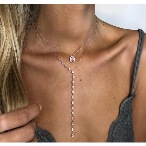 2020 summer sexy gold color long y necklace with round cz bezel station chain necklace for women wedding jewelry gift