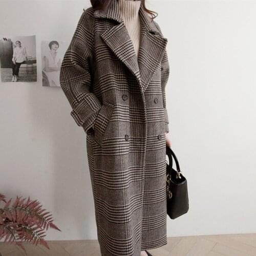 2020 Women Wool Coat Plaid Loose Long Double Breasted Fashion Female Coats Autumn Winter Outerwear Jackets Trench Oversize