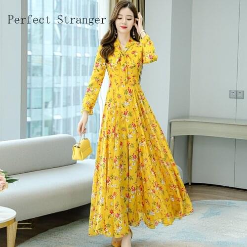 2021 Autumn New Arrival High Quality S-4XL Bow Collar Flower Printed Long Sleeve Women Long Chiffon Dress