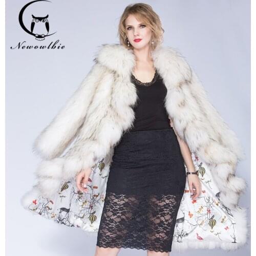2021 Winter 100 cm Women Female Knitted Raccoon dog Coats Jacket Casual Thick Warm Europe Fashion Slim Overcoat Clothing
