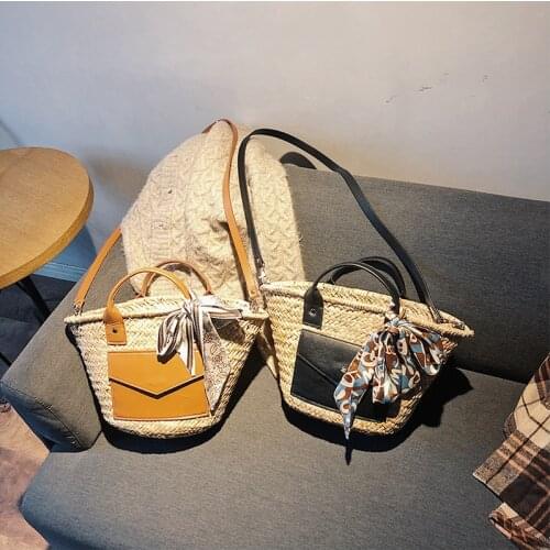 2021 New Designer Wicker Woven Rattan Bags Mitsubishi Grass Leather Patchwork Straw Basket Bags Women Handbag Beach Shoulder Bag