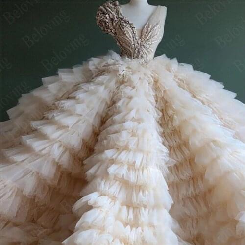 Arabic Dubai Puffy Beige Tutu Ruffles Wedding Dresses 2021 Real Image Flower Appliques Beaded Bridal Gowns Vestidos De Noiva