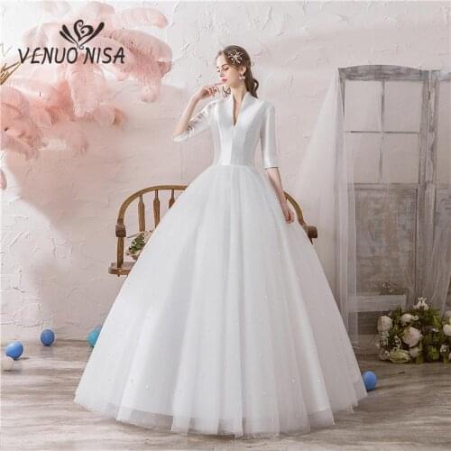 Lustrous Satin High Neck Half Sleeve 2020 New Wedding Dress Simple Vintage Custom Made Bridal Gown Vestido De Noiva Mariee 2-18w