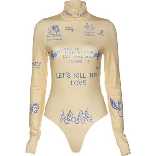 Women Autumn Long Sleeve Turtleneck Bodysuit Harajuku Graffiti Letters Graphic Printed Leotard One-Piece Basic Sexy Bodycon
