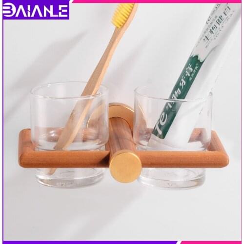 Toothbrush Holder Glass Cup Tumbler Holder Aluminum Wooden Bathroom Accessories Tooth Brush Holder Set Wall Mounted