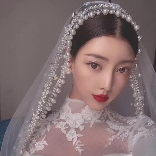 Long Pearls Wedding Veil Tulle 1T White Bridal Veil Elegant Luxurious Crystal Beaded Bride Veil Ivory Bridal Party Veils