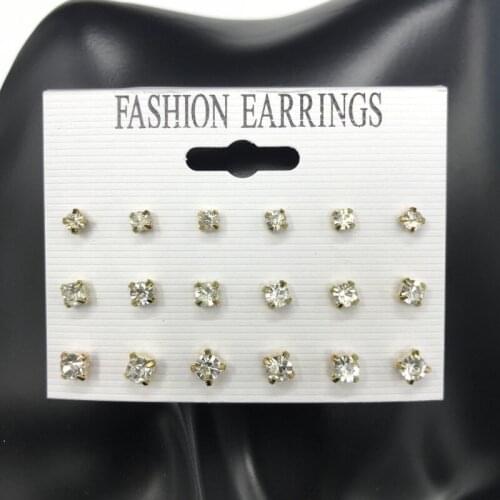 Classic Simple Crystal Earrings for Women Fashion Gold/Silver Color Glass Stud Earrings Set Wholesale Ear Jewelry 9 Pairs/pack