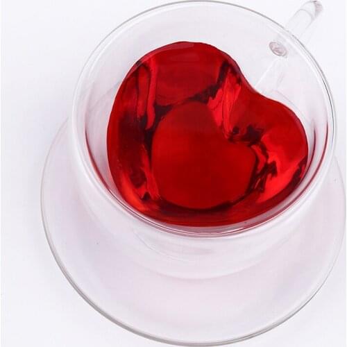 Double Wall Heart Coffee Cup With Saucer 240Ml Big Capacity Heat Resistant Glass Mug Restaurant Hotel Gift ePacket Free Shipping