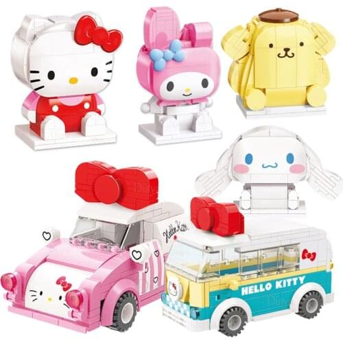 TOMY Hello Kitty Building Block Big Eared Dog Melody Model and Mini Bus Model Small Granule Block Hellokitty Children Gift Toys