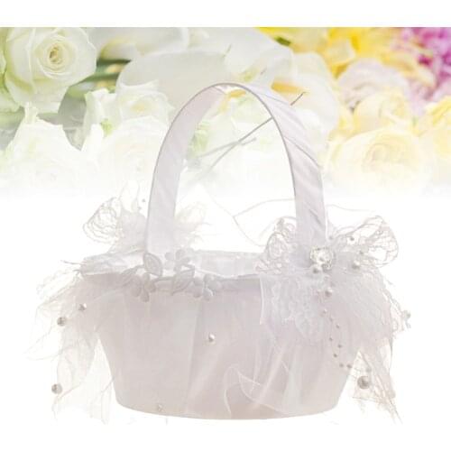 Wedding Flower Girl Basket Lace Pearl Bride Basket for Bridal Ceremony Party Decoration