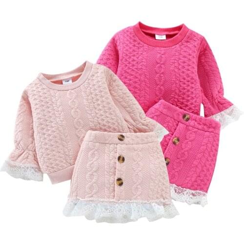 0-3 Years Autumn Babys Set 2 Pieces Kids Suit Set, Lace Trim Round Neck Long Sleeve Sweater+ High Waist Skirt for Toddler Girls