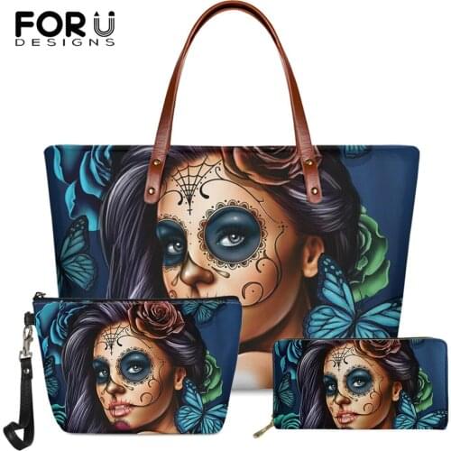 FORUDESIGNS Hot Sale Women Big Shoulder Bag&Wallet 3Set Gothic Sugar Skull Girls And Rose Pattern Ladies Fashion Handbags Totes