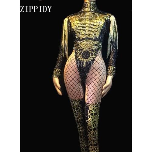 Fashion Gold Epaulet Rhinestones Jumpsuit Women Jazz Dance Nude Stretch Bodysuit Outfit Evening Show One-piece Sexy Wea