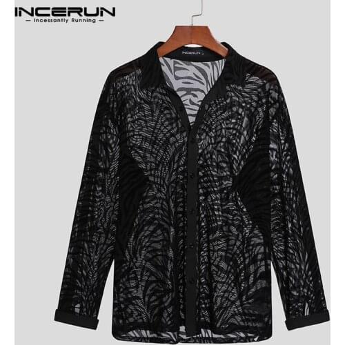 Men Shirt Printing 2021 Lapel Long Sleeve Mesh See Through Sexy Camisa Masculina Streetwear Party Nightclub Casual Tops INCERUN
