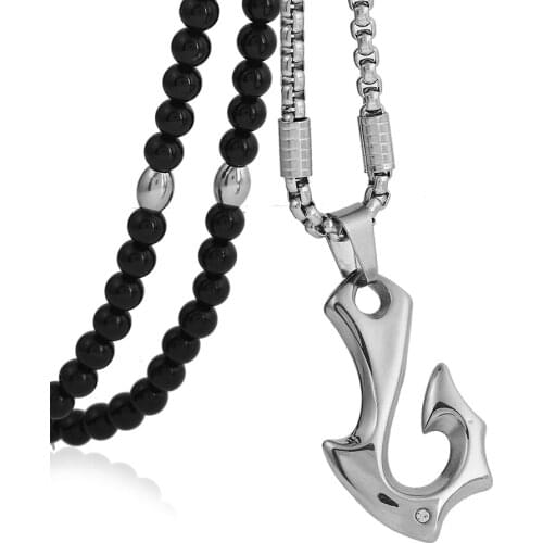 Men Necklace Stainless Steel Hook Pendant Necklace Black Natural Stone Chain 26" Link for Men Jewelry