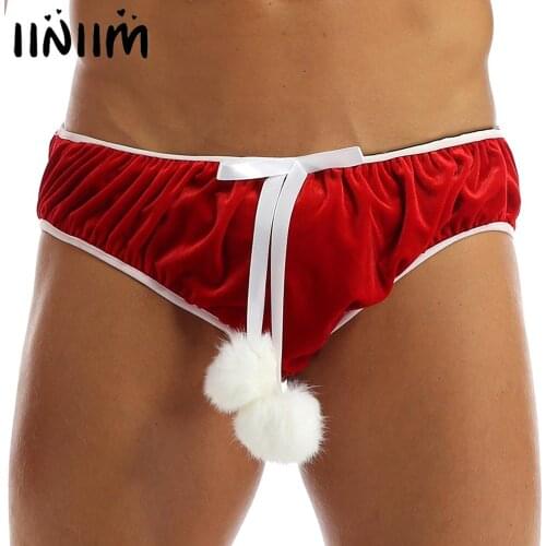 Mens Sexy Lingerie Underwear Jockstraps Velvet Christmas Halloween Bowknot 2 Plush Ball Stretchy Fancy Cosplay Briefs Underwear