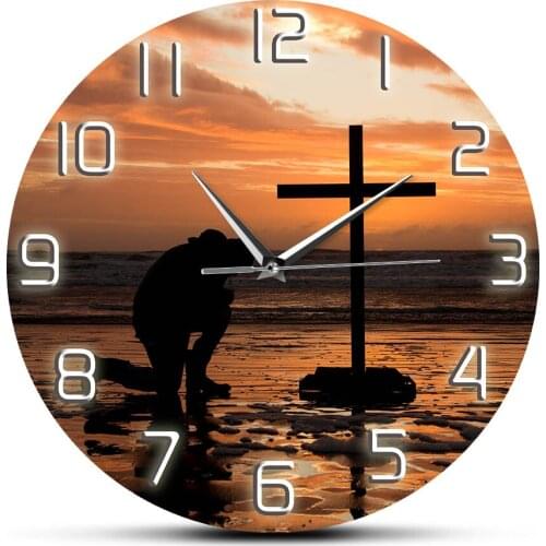Godly Man Kneeling Pray At Cross Religious Wall Clock Pastor Precher Spiritual Faith Home Decor Prayer Silent Swept Wall Watch