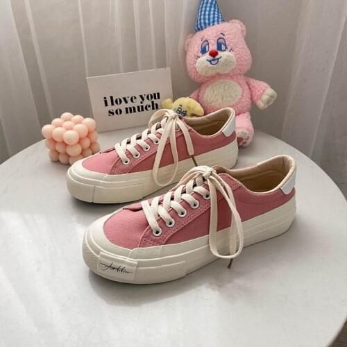 2021 New Solid Color Canvas Shoes Womens Casual Low-top Lace-up Trendy Shoes Retro Hong Kong Flavor Flat Bottom Shoes