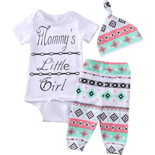 Infant Baby Clothes Mommys Little Girl Print Romper White Tops+Print Pants Hat 3pcs Bebe Kids Clothing Sets