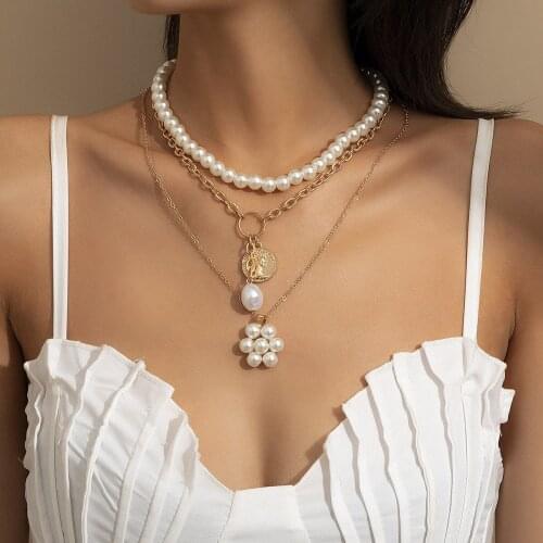 KMVEXO Multi Layered Imitation Pearl Flower Choker Necklace for Women 2021 Summer Portrait Coin Fish Starfish Pendant Jewelry