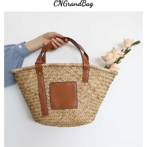 Fashion Designer Women Beach Bag High Quality Straw Bags with PU handle Ladies Summer Raffia Handbag Travel Basket Tote Bag