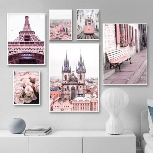 Pink Rose Paris Tram Street Prague Church Wall Art Canvas Painting Nordic Posters And Prints Wall Pictures For Living Room Decor